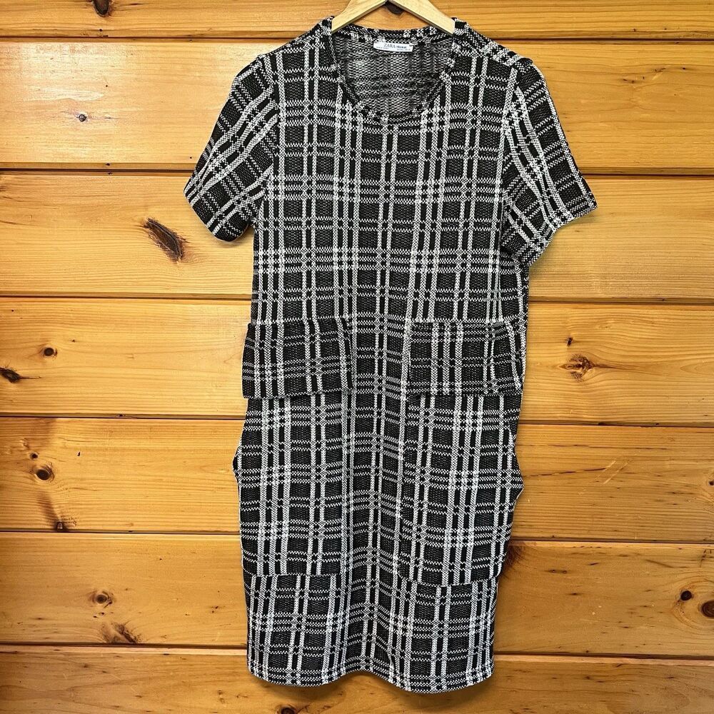 Zara Trafaluc Size L Jacquard Check Shift Mini Dress Black White Short Sleeve - Picture 2 of 5